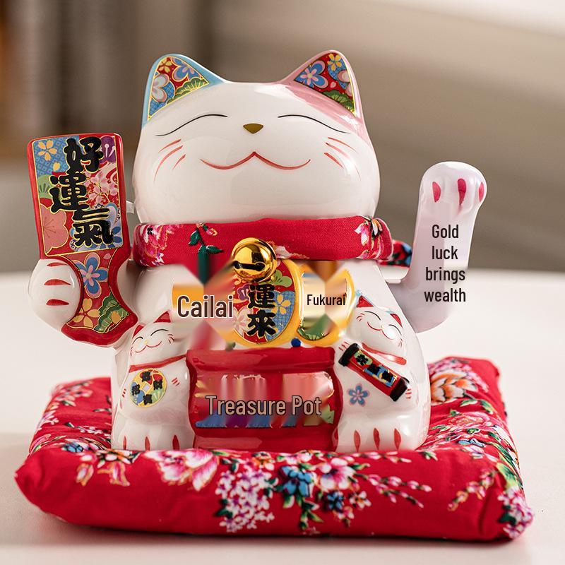 Electric Waving Lucky Cat Ceramic Ornament for Home, Living Room, Shop, or Cashier Desk.