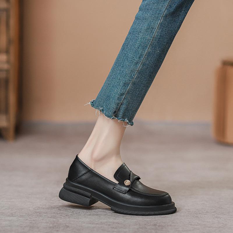 Small Gold Coins Thick-Soled Lazy Thick-Heeled Loafers Women'S Retro British Style One-Pedal Small Leather Shoes Single Shoes Women'S New