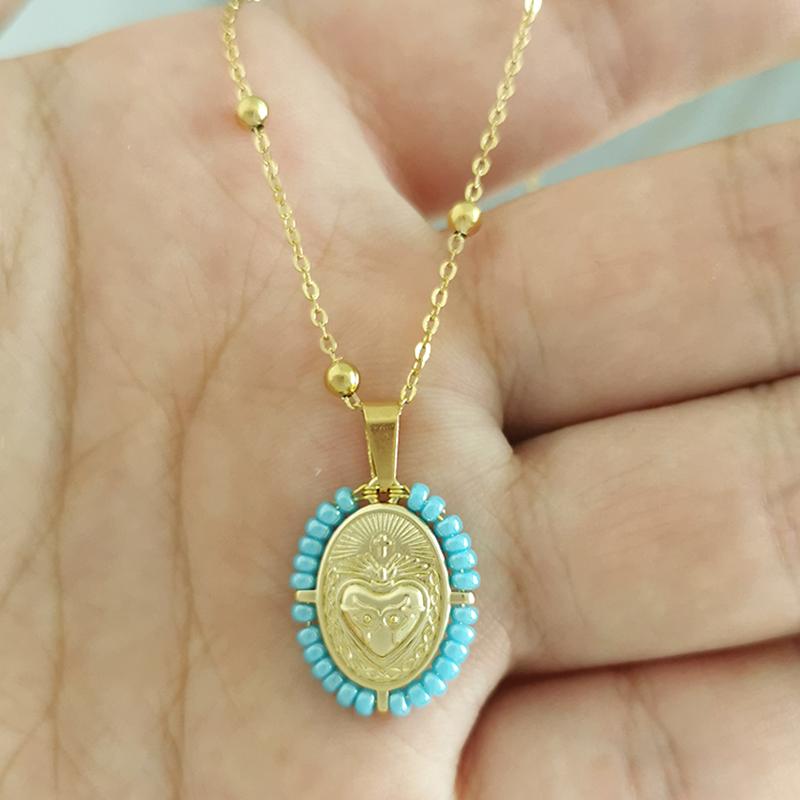 QMHJE Virgin Mary Pendant Charm Necklace Women Cross Scared Heart Jesus Choker Seed Beads Stainless Steel Chain Gold Color Mom