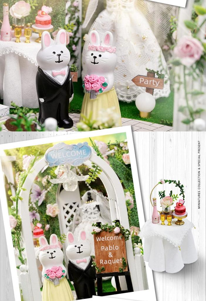 moin moin 124 Dollhouse Miniature Handmade Kit Set Flower Garden Wedding Butterfly Rabbit Chapel Ceremony Hall Wedding  LED Light + Acrylic Case +