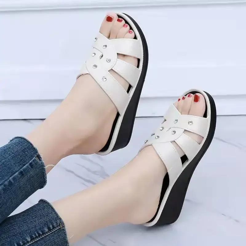 

Fashion Hot Selling 2025 Slippers Platform Wedges Women Sandals Female Mules Beach Shoes Breathable Thick Bottom Non-Slip Solid Outside 36 бежевый