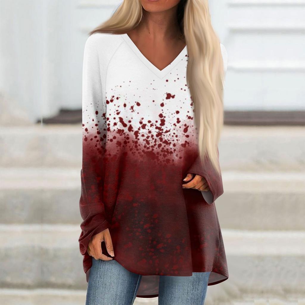 Ladies' Fashionable And Casual Halloween Printed T-shirt Long Sleeved V-neck Mid Length Top