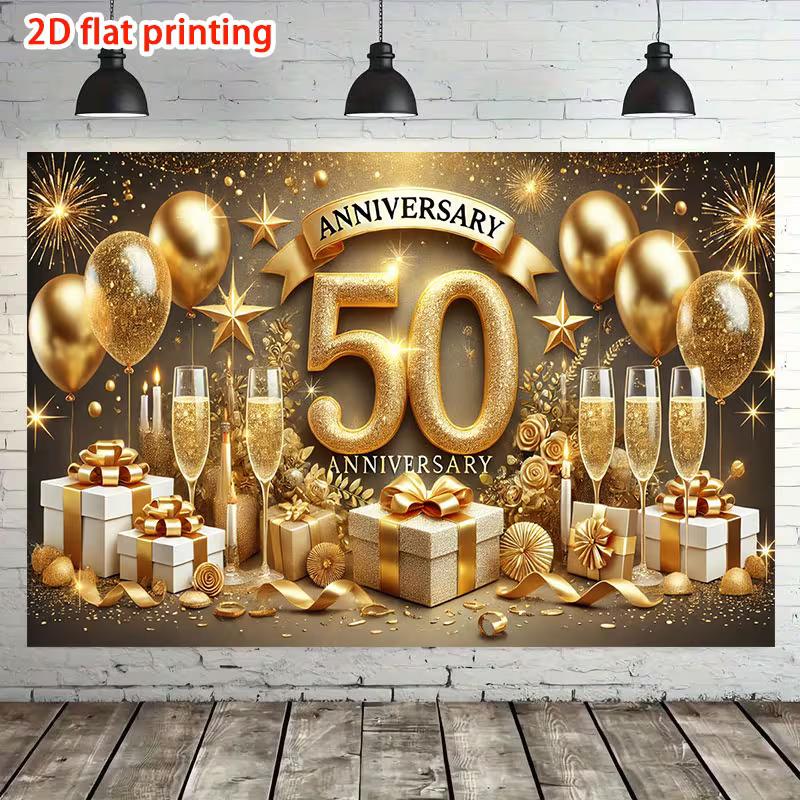 2D Golden Wedding Backdrop "Anniversary" Banner with Gift Boxes & Confetti Photo Booth Background