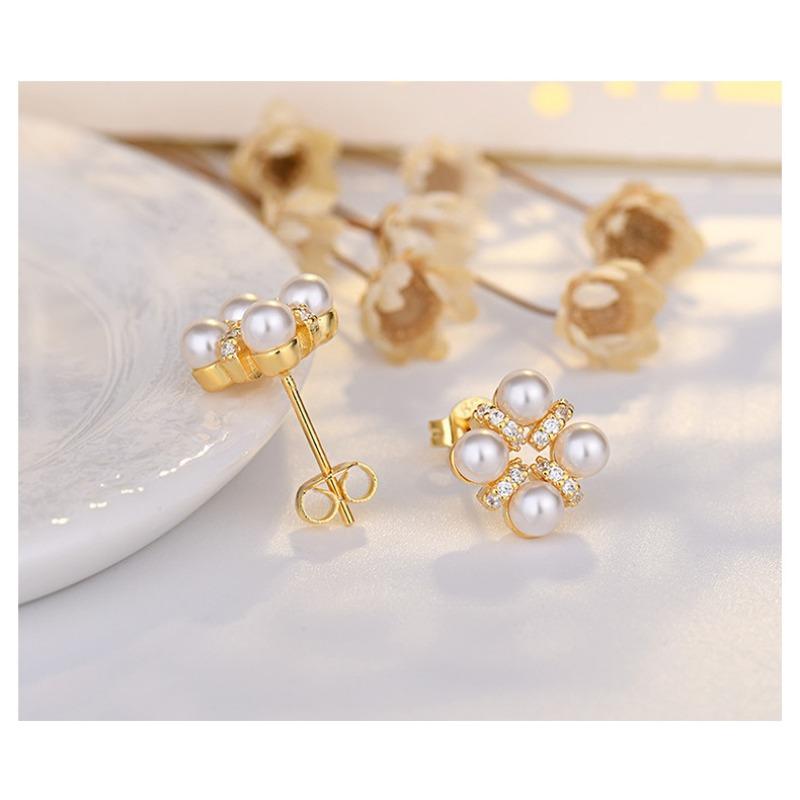 Elegant Fashion Floral Pearl 925 Silver Needle Stud Earrings For Women