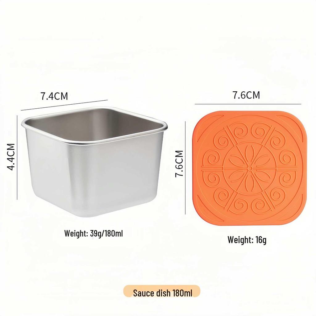 Stainless Steel Sauce & Salad Container with Silicone Lid, 60/180ml, Leakproof Square Design