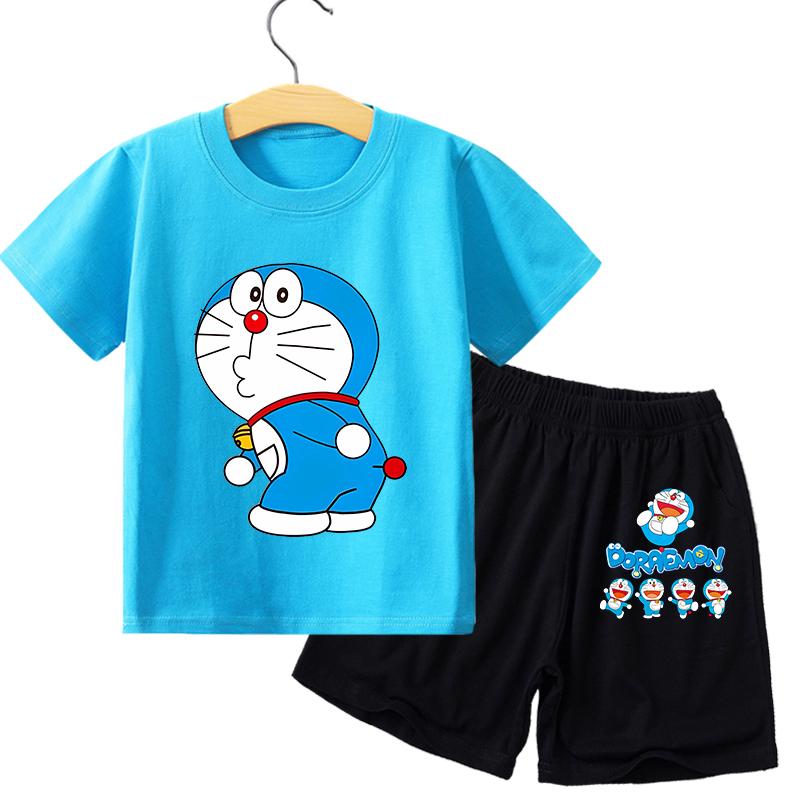 Boy Girl Short Sleeves Shorts 2pcs Set Kid Blue Top Summer Clothes Children T-shirt Set Cute Cartoon Tees