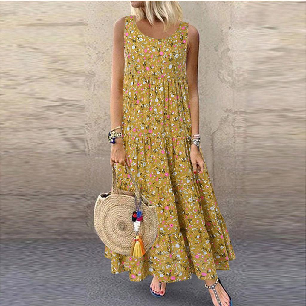 Abito lungo maxi da donna taglie forti casual allentato senza maniche floreale in lino quotidiano con stampa