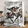 Three characters in dynamic poses wielding swords with flowing motion lines. for all seasons blanket lunch break throw gift