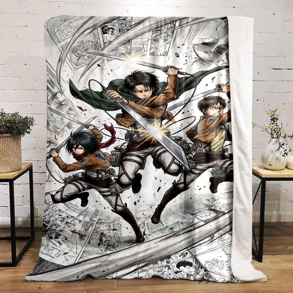 Three characters in dynamic poses wielding swords with flowing motion lines. for all seasons blanket lunch break throw gift