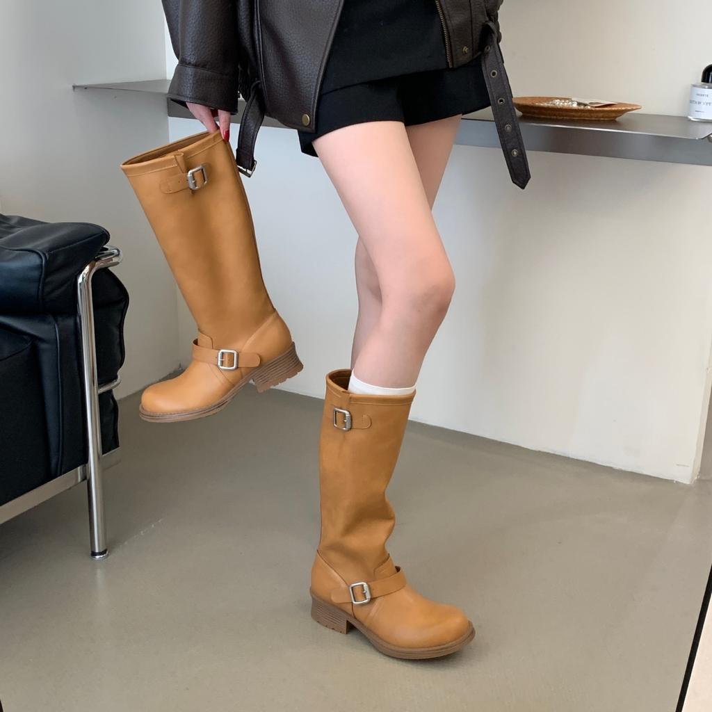 Belt Buckle Boots Women's Winter Round Head Thick Medium Heel Knight Boots Vintage Versatile Motorcycle Boots Boots