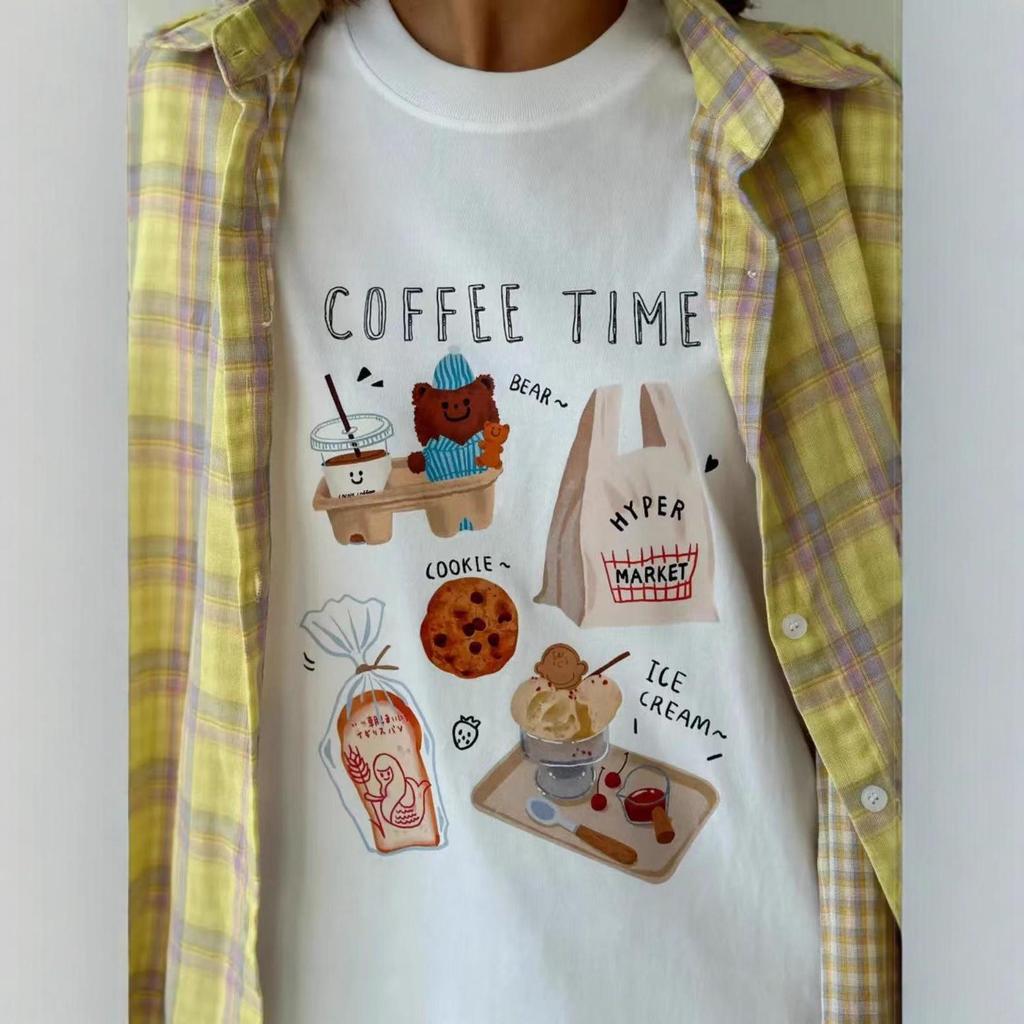 T-shirt Blanc Imprimé Coton Manches Courtes Casual Mignon pour Femme - Été Coupe Ample, Polyvalent, Anti-Âge