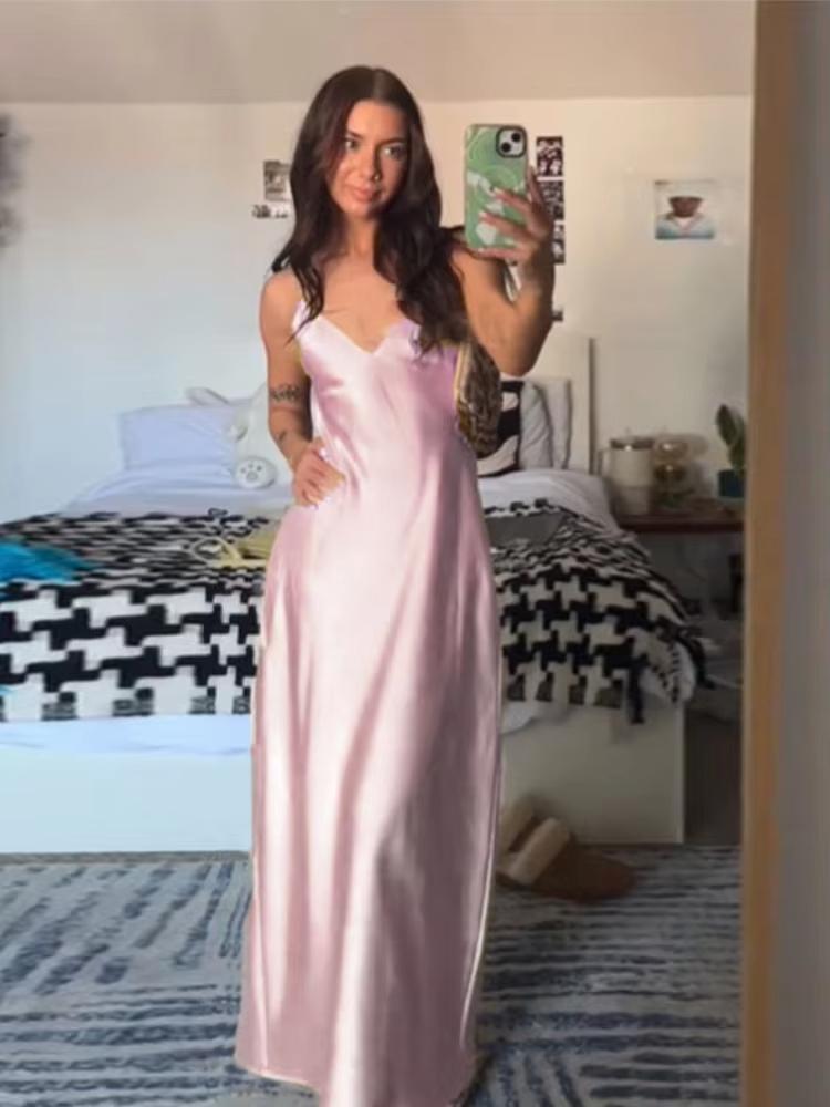 Abiti con spalline sottili da donna Eleganti Scollo a V Senza Maniche Schiena Scoperta Slim Lunghi Abiti Estate Donna Festa Abito da Vacanza 2026