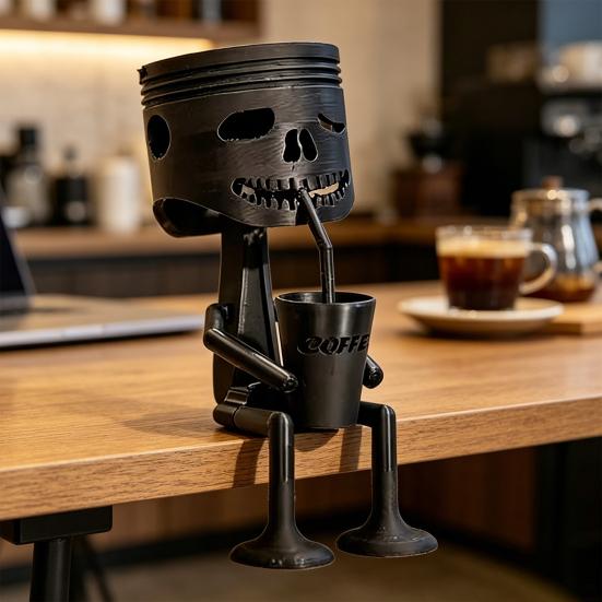 3D Printed Coffee Drinking Desk Sculpture Hanging Skull Ornament Matte Black Edge Design for Office Desks Coffee Corners Stress Relief Gift Decor