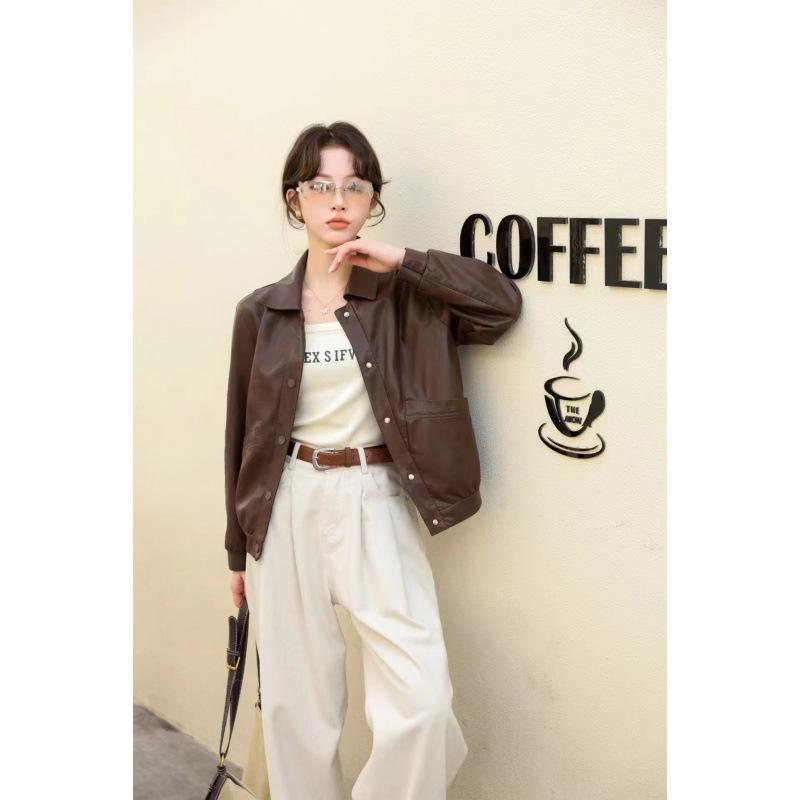 

Trendy Women s Leather Jacket: Versatile, Short, Spliced, Lightweight, and Casual for Autumn/Winter XL кавовий