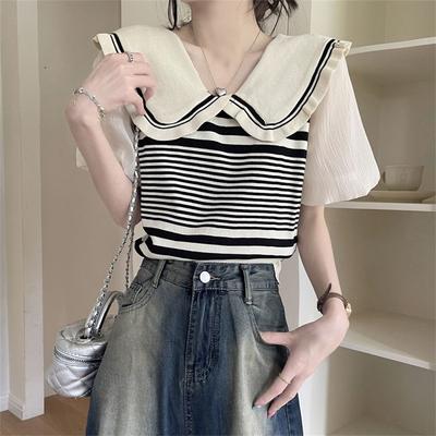 French Doll Collar Knitted Base Shirt for Women's Spring Casual Short Sleeved Contrasting Striped T-shirt Top