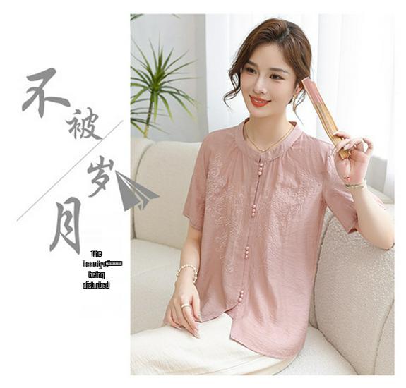 Elegant 2026 Summer Chinese Style Top for Stylish Moms – Short Sleeve Solid Color Shirt for Middle-aged & Elderly Women