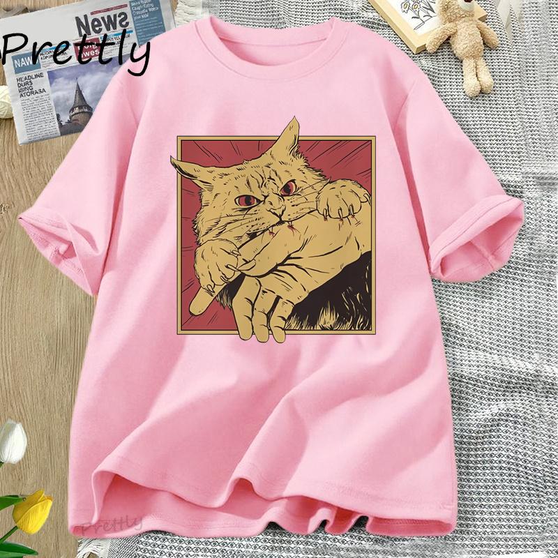 Vintage Cat Bite T Shirt Japanese Horror Retro Graphic Tee Horror Cats Crazy T Shirts Men Women Fashion Short Sleeve Tees