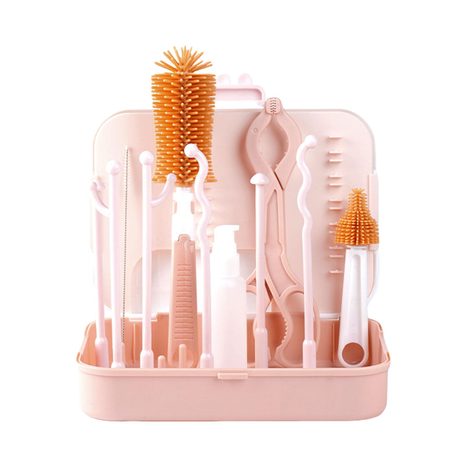 Набор для чистки детских бутылочек Инструмент для чистки бутылочек для путешествий и дома Набор щеток для чистки детских бутылочек с щеткой Подставка для сушки пустых бутылочек розовый