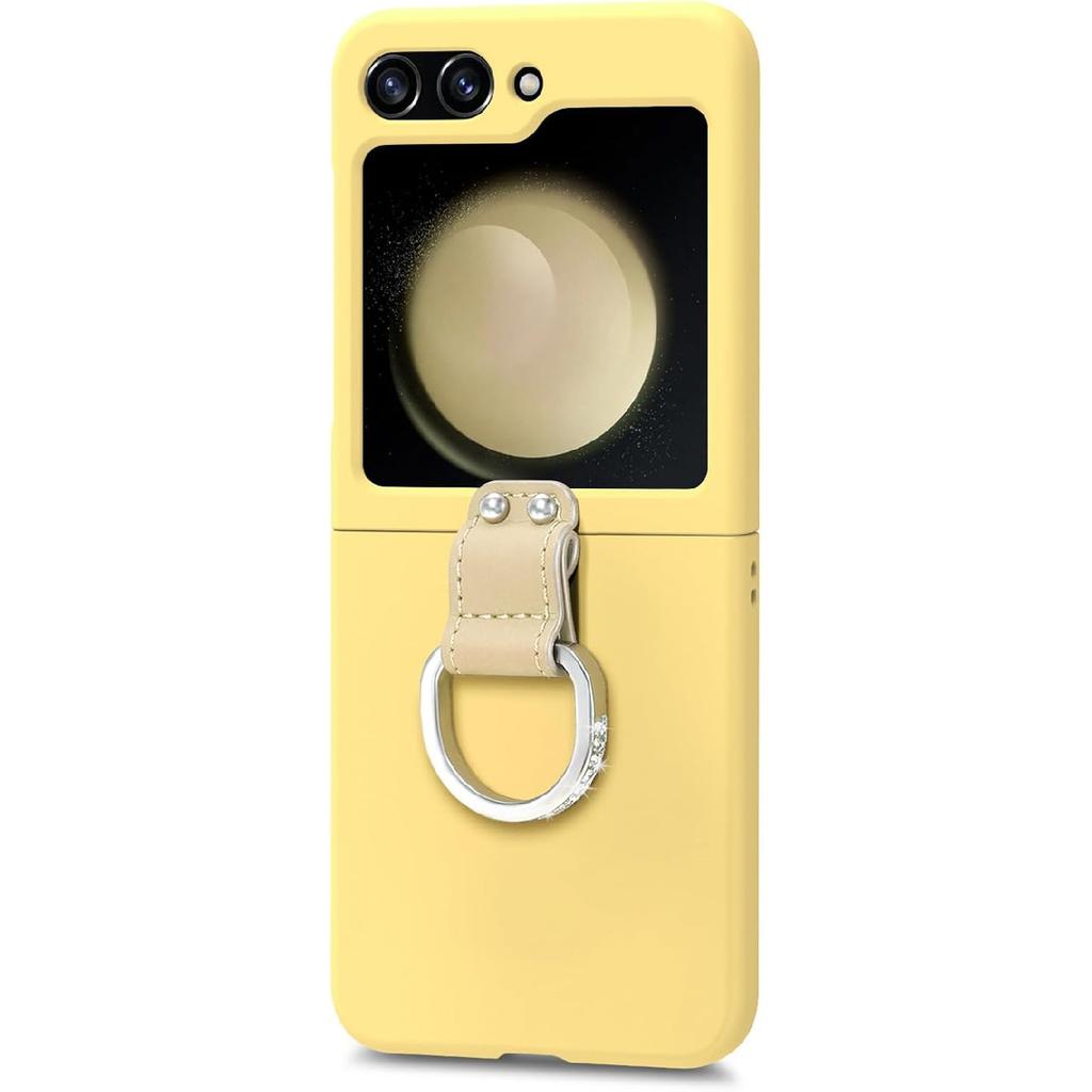 Case for Samsung Galaxy Z Flip 5, Slim Thin Hard PC Protective Phone Cover with Bling Ring Stand Shockproof Shell,Yellow