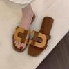 Flat-bottomed open-toed hollowed-out casual versatile one-word slippers 2025 new square-headed flat-bottomed beach embossed cool slippers women
