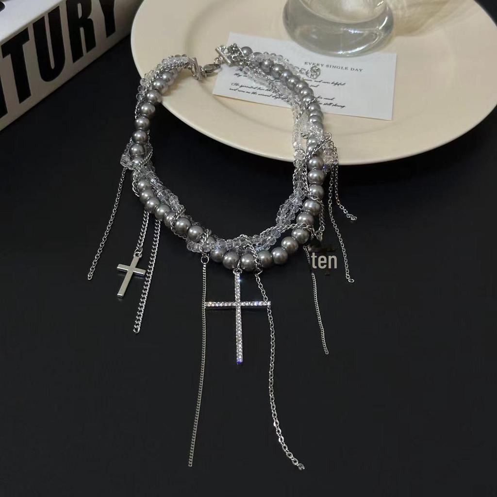 Colier cu pandantiv cruce și perle multistrat Chic Hot Girl pentru femei