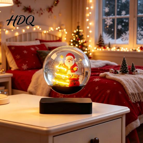 Cozy Holiday Home Decor Magnetic Levitating Santa Claus Tree Ornament with LED Light Lighted Rotating Floating Christmas Glass Ball for Tabletop