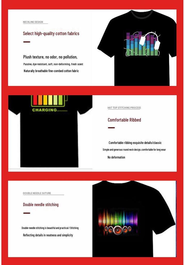LED Sound Control Music Bar Flashing Luminous Short Sleeve T-shirt for Trendy Clubbing Men and Women.