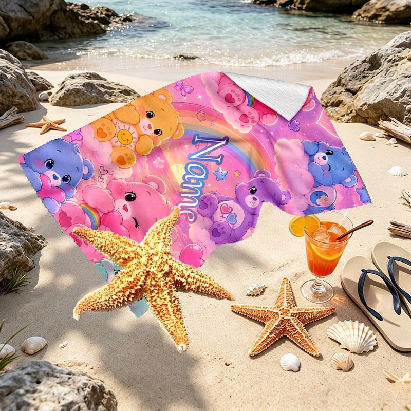 Custom Name Personalized Care Bears Print Beach Towel, for Trip Camping Beach Party Home Decor, Birthday Gift for Family & Friends