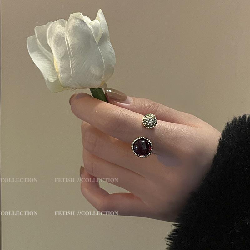 Retro French Style Adjustable Wine Red Zircon Ring for Women - Trendy Luxury Half-Sphere Design