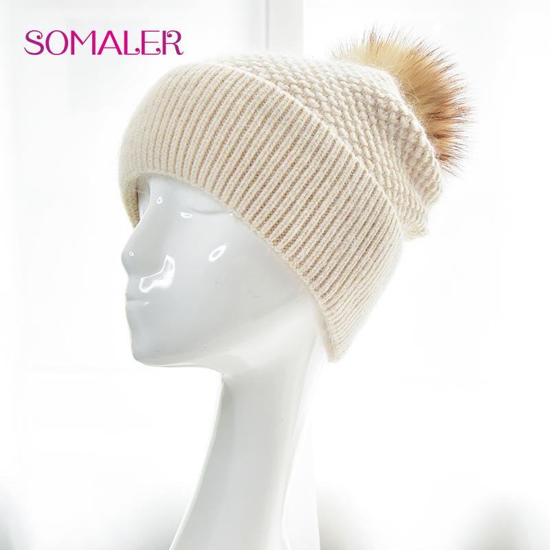 SOMALER Bonnet d'hiver en tricot épais avec pompon en vraie fourrure pour femme, bonnet d'hiver en tricot torsadé avec doublure en polaire chaude