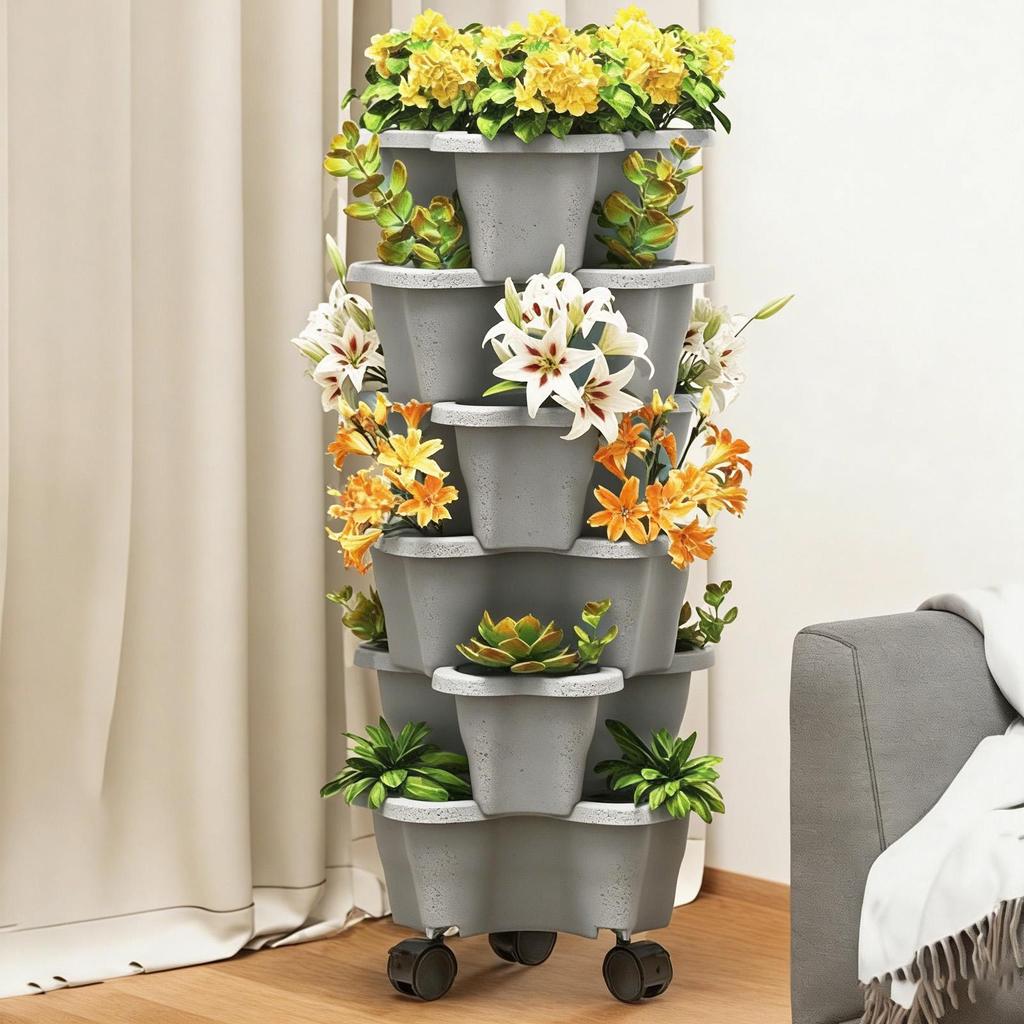 6-Tier Plant Tower With Wheels Stackable Plant Towers ABS Vertical Planter Tower For Strawberry Green Ivy Balcony Terrace