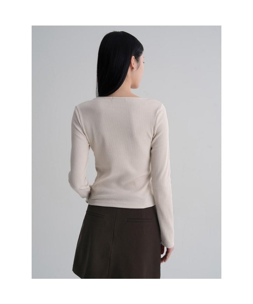 8SECONDS Ribbed Cut-Out Long Sleeve T-Shirt Beige