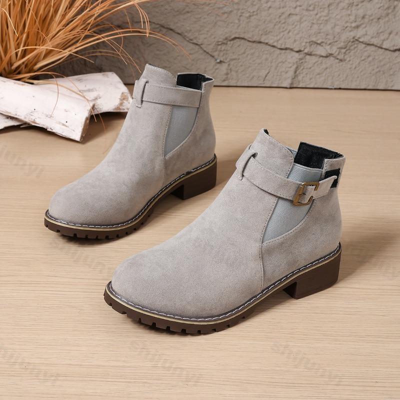 Women's Boots 2026 Autumn Winter Thick Bottom Belt Buckle Decoration Round Head Short Boots Polyurethane Material Ankle Boots