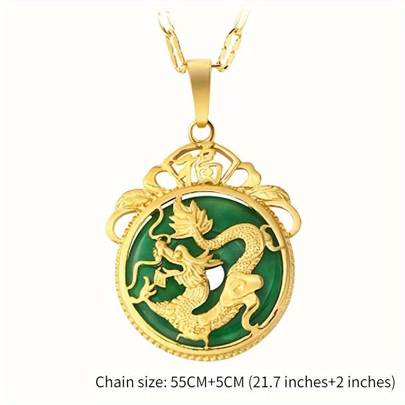 Domineering Men's Gold Inlaid Jade Circular Pendant Chalcedony Necklace Safety Clasp Lucky Dragon Pendant Necklace Accessories