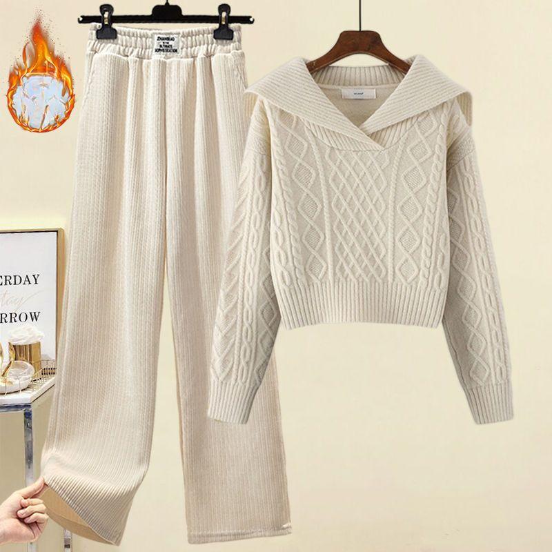 Winter Sweater Suit Women's Plus Velvet Casual Wide-leg Pants Two-piece Suit