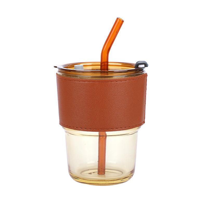 Vertical Pattern Bamboo Cup Glass Transparent Household Striped Water Cup Office Straw Cup with Lid Ins Style Coffee Cup