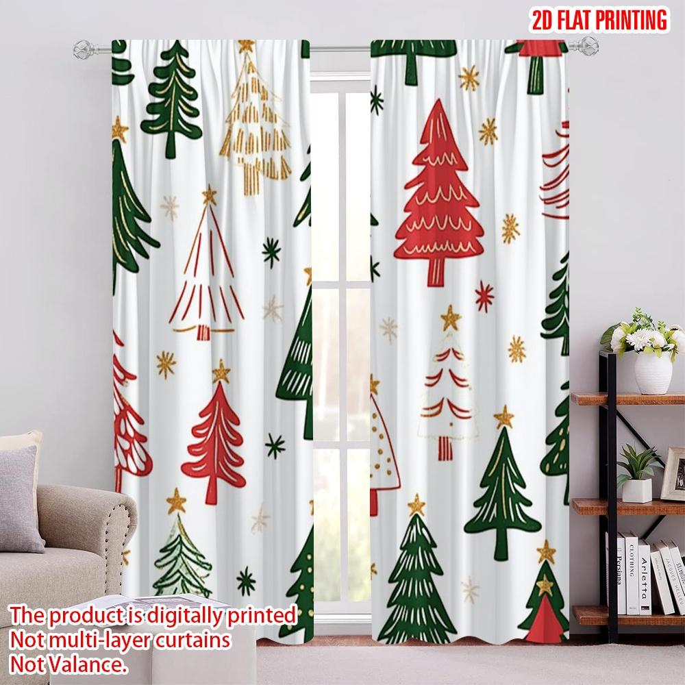 

Set Of 2 Flat Printing Christmas Window Drapes Trees Polyester Without Electricity Party Holiday Decor Use Curtain W100*H70(CM)-Grommet top&1PCS