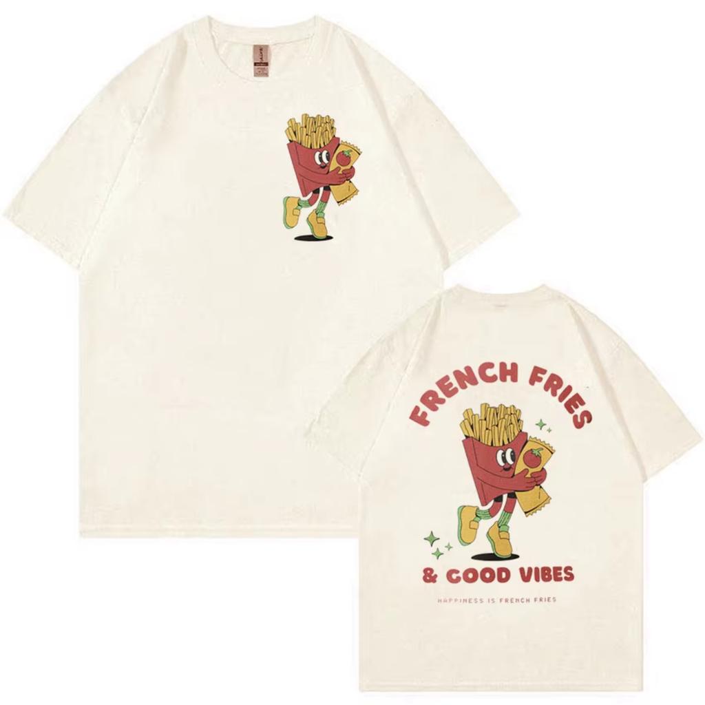 French Fries Good Vibes Printed Womens Tshirt Fashion Trend Top SpringSummer Pure Cotton Unisex Short Sleeve Tshirt