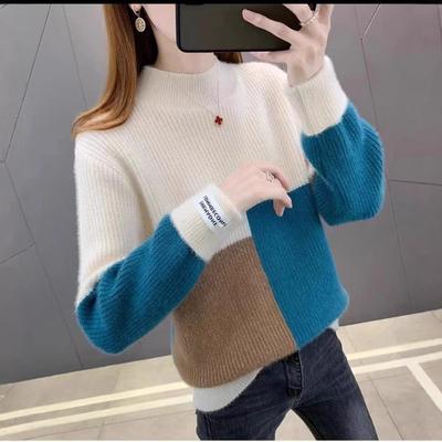 New Contrasting Color Turtleneck Sweater Women's Clothing Autumn and Winter Clothing Loose Wear Fashion Knitted Bottoming Shirt Tide