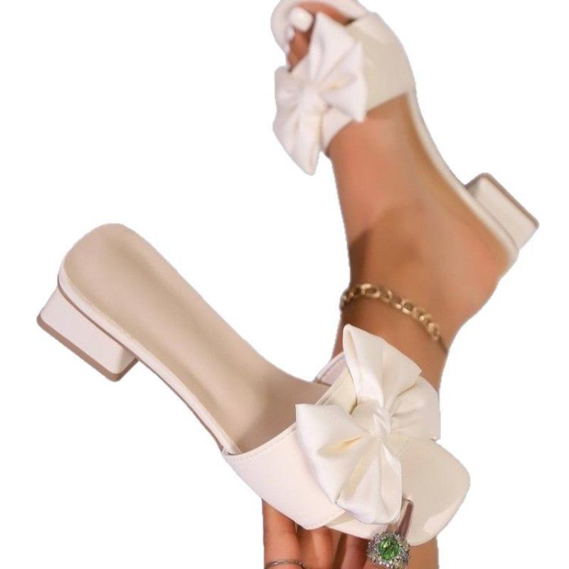 Fashion Square heel Shoes Woman 2025 Slippers Casual Pantofle Butterfly-Knot Low Block Luxury New Summer PU Rubber Rome Slides Butterfly