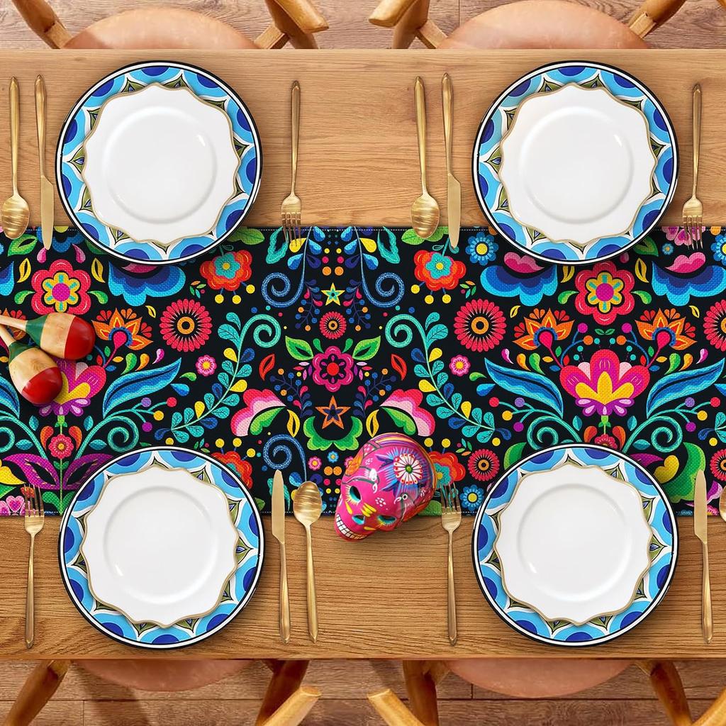 Mexican Day of The Dead Linen Table Runner Party Table Decor Reusable Kitchen Dining Table Runner Dia De Los Muertos Home Decor