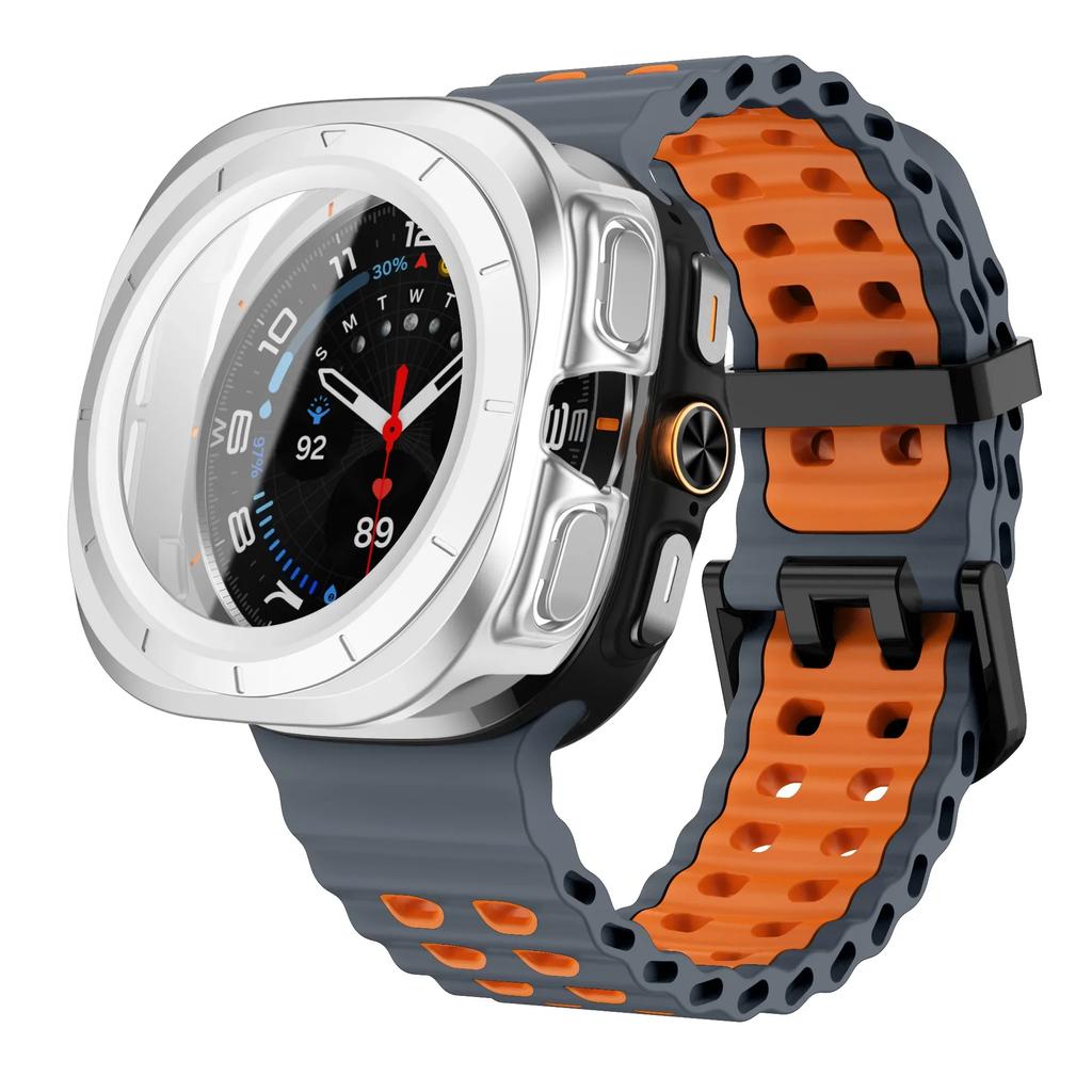Gehärtetes Glas Case+Armband Für Samsung Galaxy Watch 7 ultra 47mm Zweifarbiges Sport-Silikonarmband Galaxy Watch Ultra7 Hülle