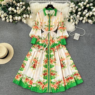 Frühling Herbst Frauen Vintage Print Lose Übergroßen Lange Maxi Urlaub Strand Kleider mit Gürtel
