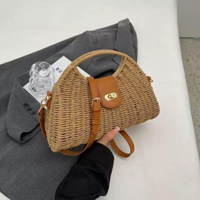 

New summer straw woven bag women s handwoven bag versatile messenger bag portable tote straw bag holiday beach bag Lock