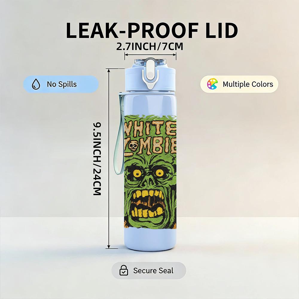 1PC Green zombie monster face print 750ml colorful plastic sports water bottle leakproof pop up lid with straw for outdoor work home use