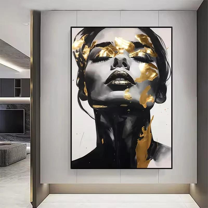 Moderný zlatý čierny portrét ženy na plátne Maľba na stenu Abstraktná tvár ženy Plagát Obrázok pre domácu dekoráciu Nástenná maľba