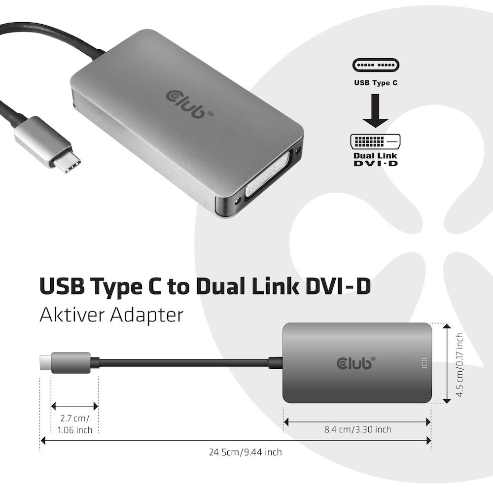 Club 3D USB Type C to DVI-D Dual Link Active Adapter [HDCP ON Version] (CAC-1510)