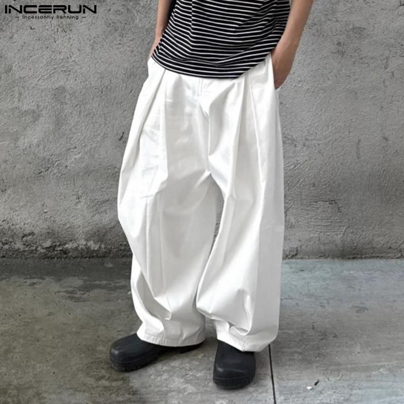 INCERUN Men Zipper Button Waist Solid Pleated Casual Long Pants Trousers