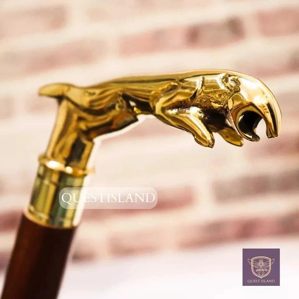 Jaguar Handle Brass Wooden Victorian Foldable Cane Collectible Men