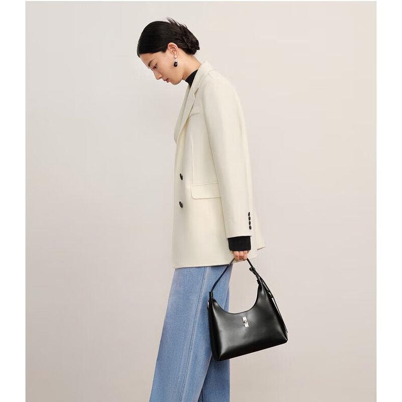 Women's Padded Shoulder Lapel Long Wool Blazer Coat